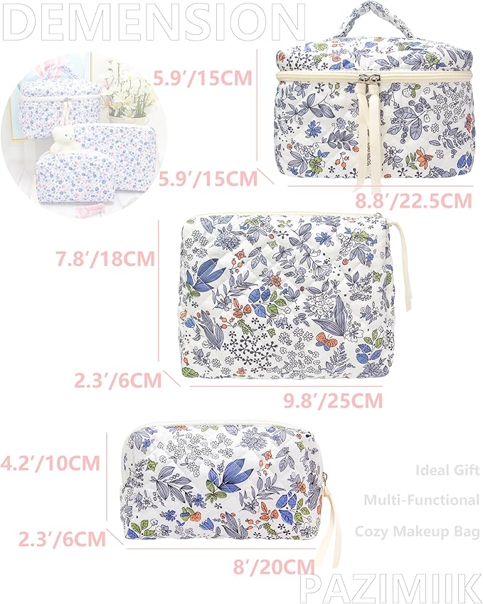 3 Piece Quilted Makeup Bag Set for Women,Cosmetic&Toiletry Bag,Leaf White