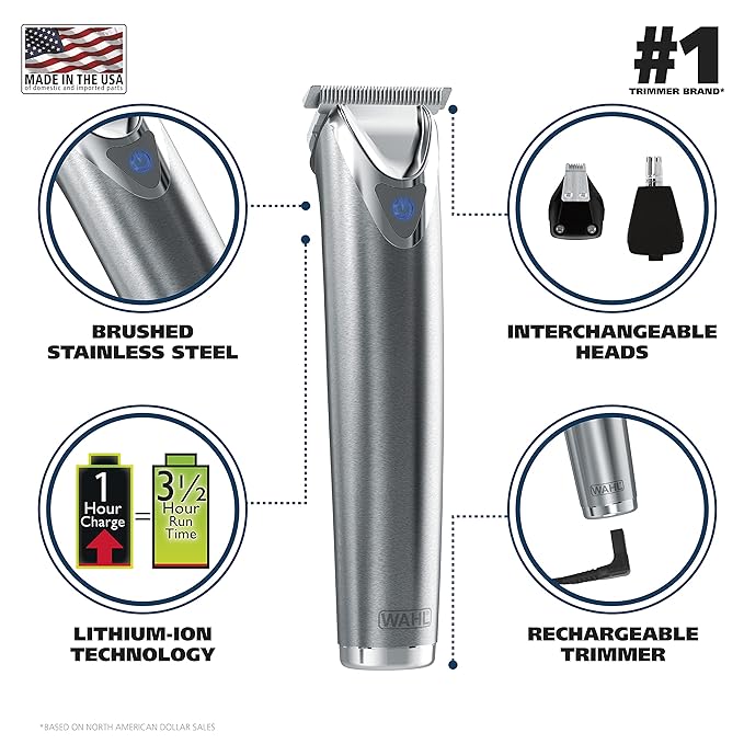 Wahl USA Stainless Steel Lithium-Ion Cordless Beard Trimmer for Men