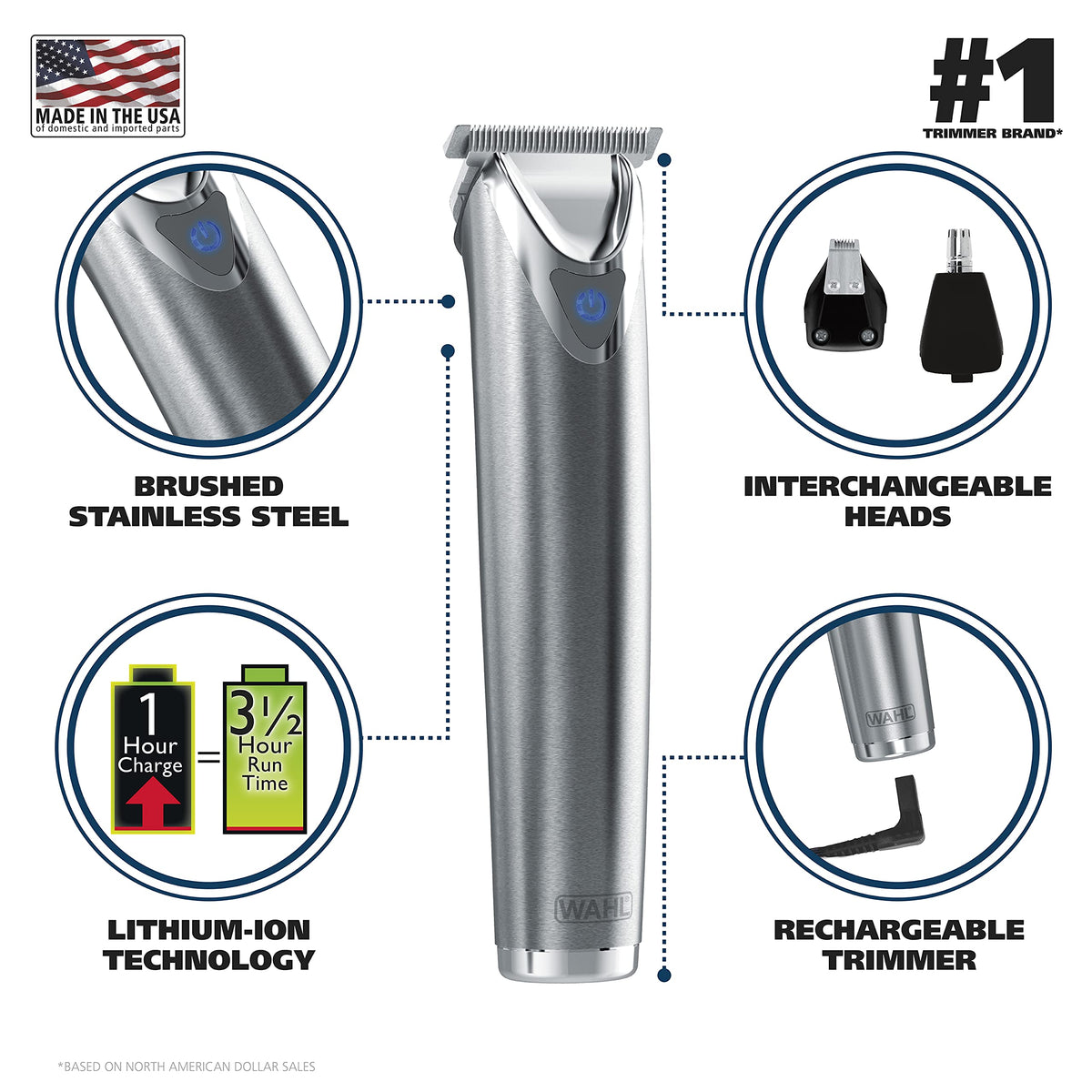 Wahl USA Stainless Steel Lithium-Ion Cordless Beard Trimmer for Men