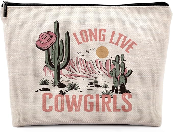 Dwept Long Live Cowgirls Cosmetic Bag, Pink Retro Western Cowgirl Hat Desert Cactus Makeup Bag Zipper Cosmetic Pouch Bag Travel Linen Makeup Organizer, Preppy Gifts for Teen Girls Women Cowgirls