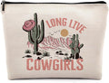 Dwept Long Live Cowgirls Cosmetic Bag, Pink Retro Western Cowgirl Hat Desert Cactus Makeup Bag Zipper Cosmetic Pouch Bag Travel Linen Makeup Organizer, Preppy Gifts for Teen Girls Women Cowgirls