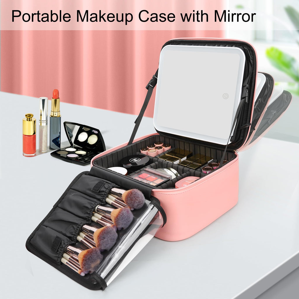Relavel Travel Makeup Bag With LED Mirror Portable Travel Makeup Organizer 3 Color Adjustable Brightness Waterproof Cosmetic Train Case with Removable Dividers Makeup Storage for Women, Pink