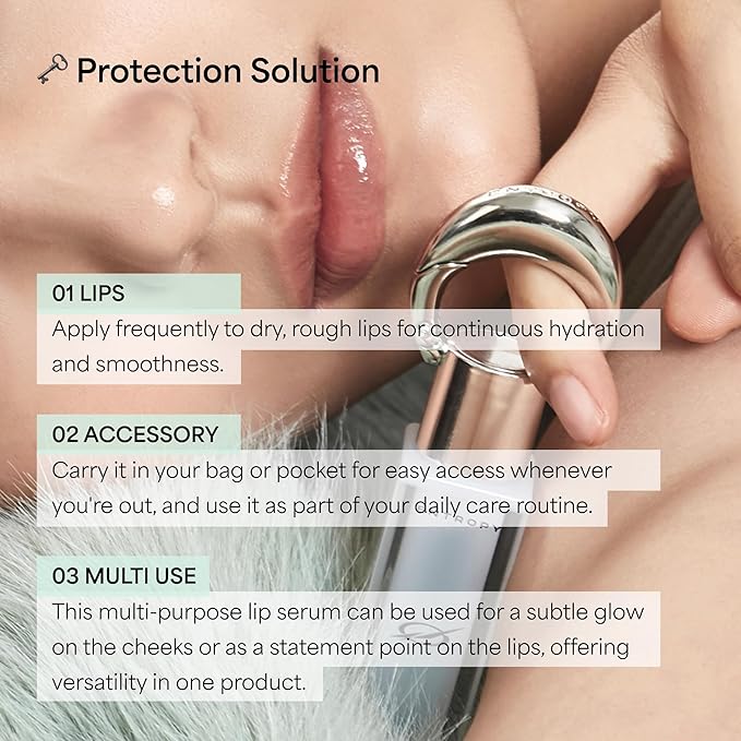 ENTROPY Makeup Glossy Lip Tint – Juicy Glow Line/Ultra Glossy Lip Serum, Nourish Lip Care with Amino Acid Complex, Hydrating, Cooling Care, Non-Sticky, High Shine Finish - Crystal Clear