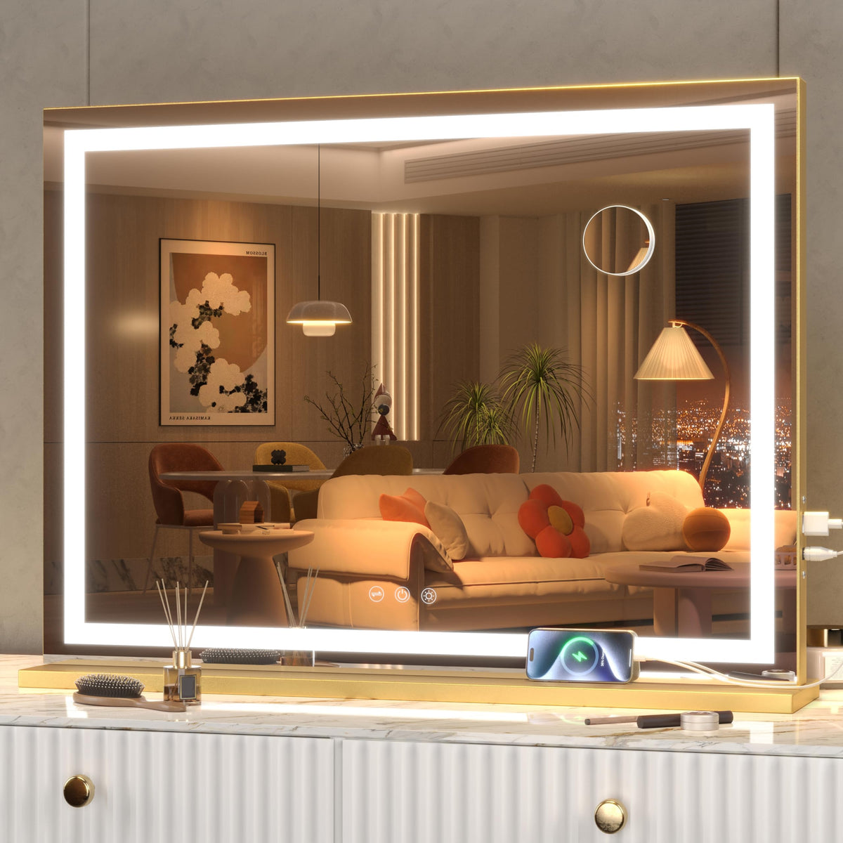 Hasipu Vanity Mirror with Lights, 27.6" x 20" LED Makeup Mirror, Lighted Makeup Mirror with Dimmable 3 Modes, Touch Screen Control Vanity Mirror Round Gold