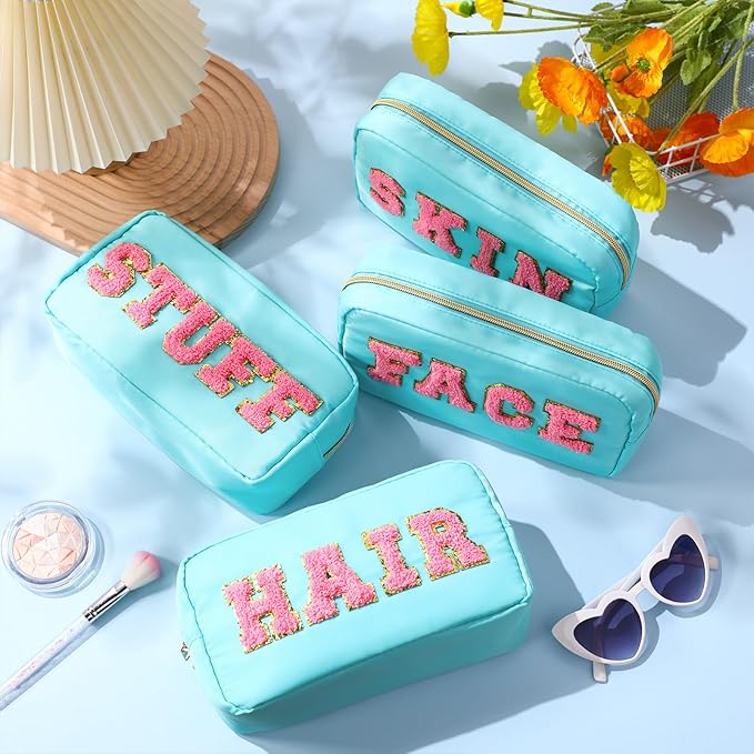 Remerry 4 Pcs Nylon Makeup Bags Waterproof Spacious Travel Cosmetic Bag for Women Chenille Letter Preppy Zipper Pouch Face Stuff Skin Hair Organizer Gift(Light Blue)