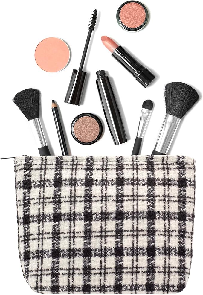 PAZIMIIK Makeup Bags for Purse Zipper Cosmetic Pouch Large Travel Canvas Make Up Organizer Tool Pouch for Women and Girls,Plaid Black