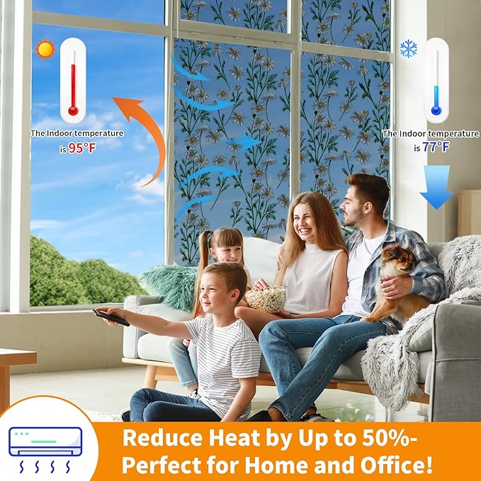 One Way Privacy Film, Window Tint for Home,Daytime Reflective, Anti UV Static Cling Sliding Door Coverings No Glue Garage Solar Paper (Black - Silver-Daisy, 45.27 x 78.7 in)