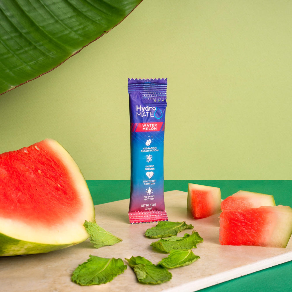 HydroMATE Electrolytes Powder Drink Mix Packets Hydration Accelerator Low Sugar Rapid Party Relief Recovery Vitamin C Plus Caffeine Watermelon 30 Count