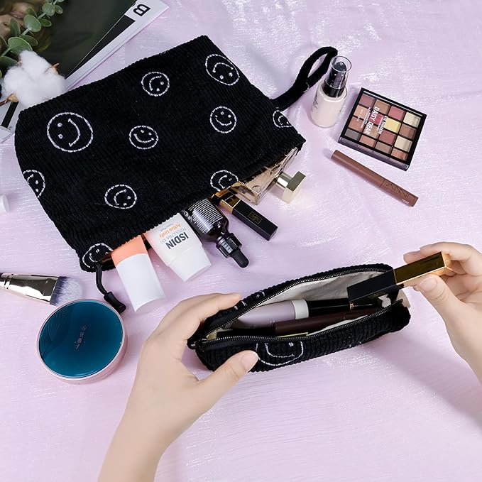 ZOEMTIU Small Cosmetic Bag set for Women Corduroy Makeup Bag with Interior Pocketes Cute Corduroy Makeup Pouches Women Small Toiletry Bag (Black Smile)