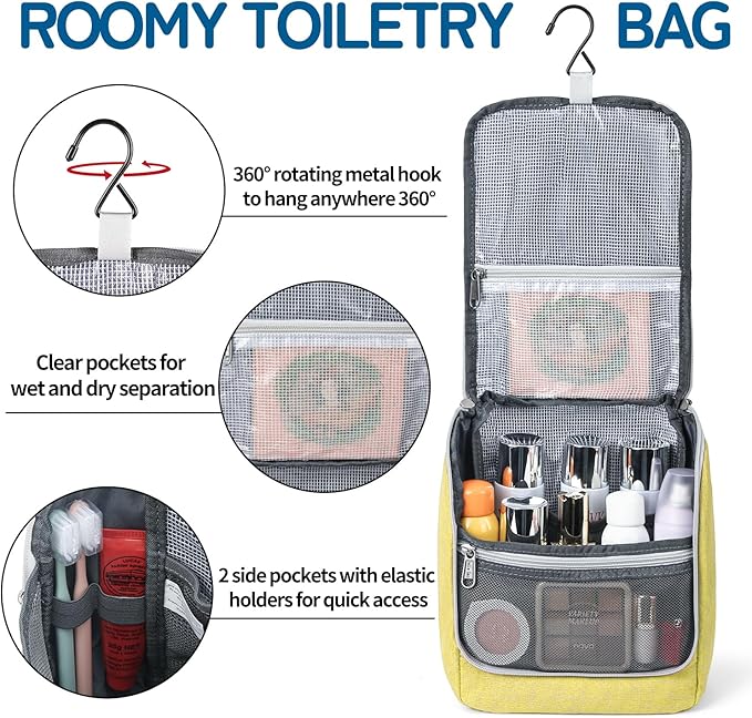 Della Gao Travel Hanging Toiletry bag for Men & Women, Water-resistant Sturdy Nylon Toiletries Organizer for Cosmetics, Makeup Brushes, Shaving Tools, Bathroom Bag, Yellow