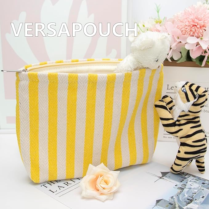 Flat Makeup Bag for Women,Zipper Cosmetic Pouch for Purse,Stripe Yellow