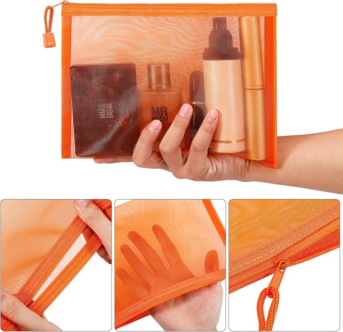 Sinzip 12 Pieces Zipper Nylon Mesh Pouch, Mesh Cosmetic Bags Makeup Bags Pencil Case, Multipurpose Travel Bags for Cosmetic School Office Supplies and Travel Accessories (Orange, A5+B6)