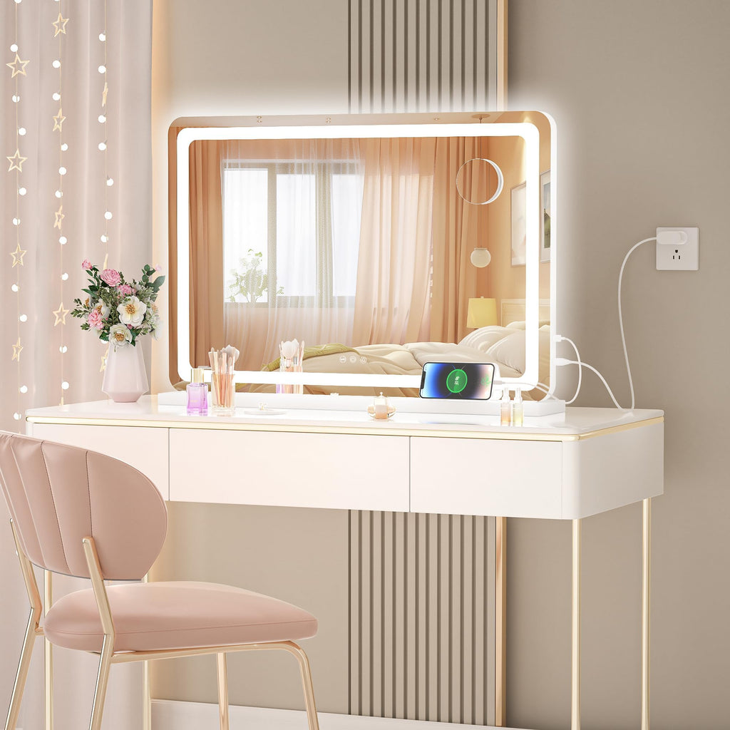 Hasipu Vanity Mirror with Lights, 31.5" x 20" LED Makeup Mirror, Lighted Makeup Mirror with Dimmable 3 Modes, Touch Screen Control Vanity Mirror Round White