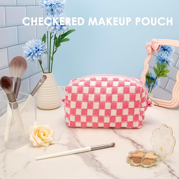 PAZIMIIK Checkered Makeup Bag for Purse, Small Travel Cosmetic Pouch,Pink