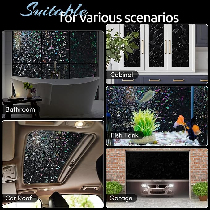 rabbitgoo Window Privacy Film Rainbow Film Decorative Window Sticker, 3D Static Stained Glass Cling Tint for Room Darkening Day Sleep, Black, 23.6 x 157.4 inches