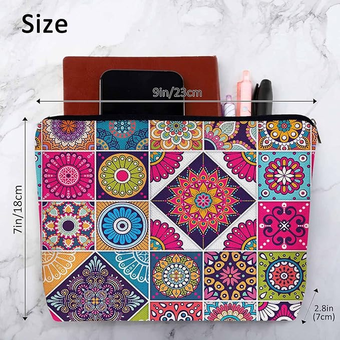 Kalygon Women Makeup Organizer Bag Mandala Floral, Colorful Ethnic Mandala Flower Patchwork Flax Cosmetic Bag Makeup Bags Toiletry Bag Accessories Organizer Travel Bags For Home Bathroom Office Hotel