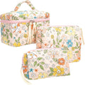 3 Piece Quilted Makeup Bag Set for Women,Cosmetic&Toiletry,Floral Orange