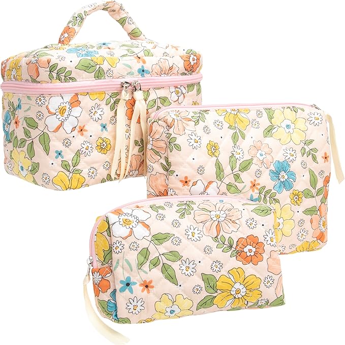 3 Piece Quilted Makeup Bag Set for Women,Cosmetic&Toiletry,Floral Orange