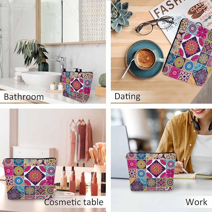 Kalygon Women Makeup Organizer Bag Mandala Floral, Colorful Ethnic Mandala Flower Patchwork Flax Cosmetic Bag Makeup Bags Toiletry Bag Accessories Organizer Travel Bags For Home Bathroom Office Hotel