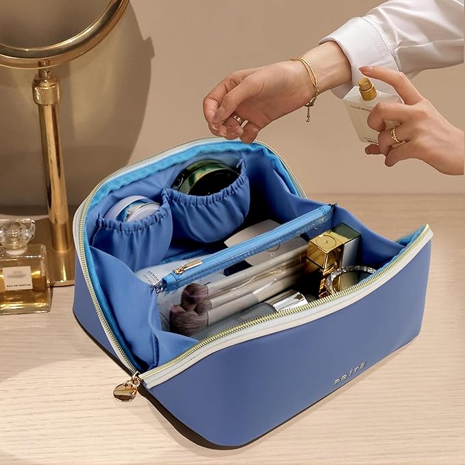 Prite Makeup Bag Travel Toiletry Bag Open Flat Cosmetic Organizer for Women