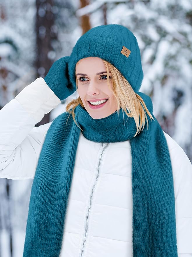 LOROME Winter Beanie Hat Gloves Scarf, Cashmere Hat Gloves Scarf Set Women