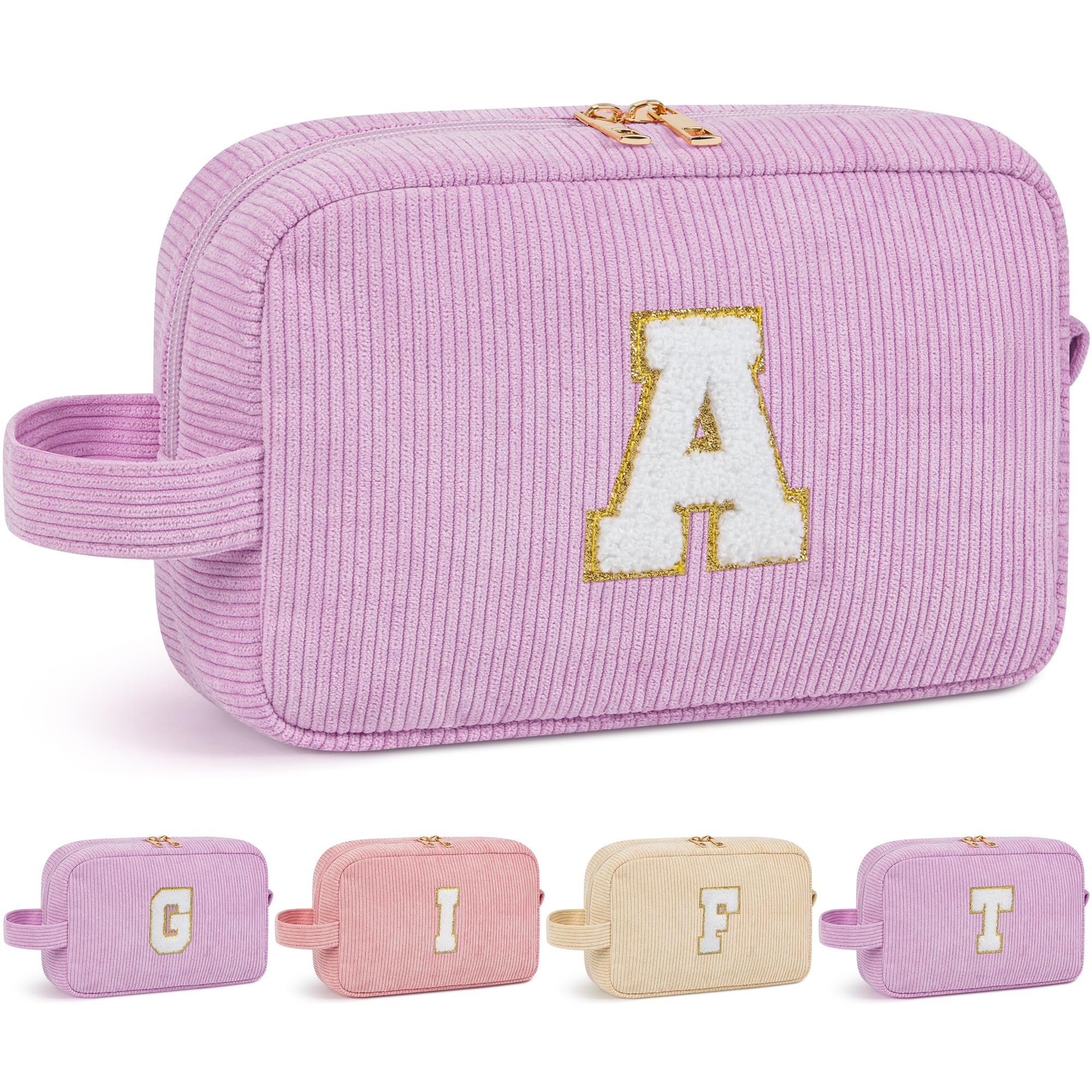 WELIDAY Initial Makeup Bag, Birthday Gift Preppy Chenille Patch Cosmetic Bag, Initial Travel Essentials Beach Toiletry Pouch, Ideal Gift for Teachers & Moms, Women and Girls (Purple, A)