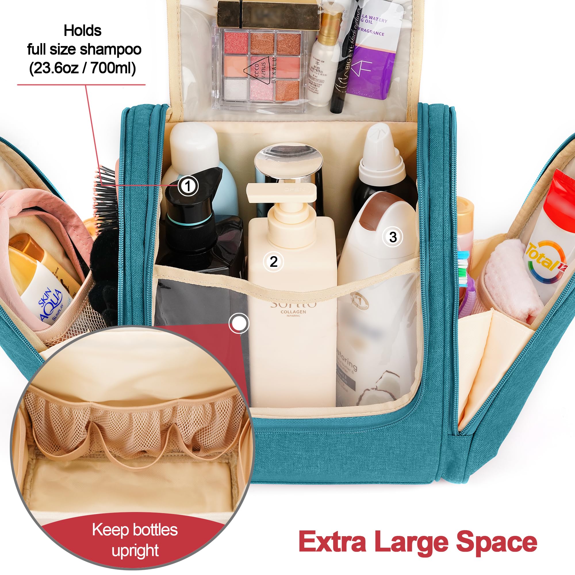 Travel Hanging Toiletry Bag for Women and Men, 6 Organizer Compartments, Holds Full Size Bottles, Extra Large Cosmetic Accessories, Makeup essentials, Bathroom Water-resistant Toiletries Bag, Blue