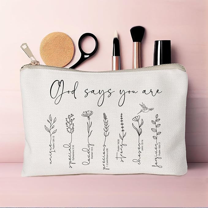 HubbgDesign God Says You Are Makeup Bag, Christian Bible Verse Cosmetic Pouch for Women, Inspirational Floral Toiletry Bag, Positive Affirmation Gift for Her, Travel Makeup Case (God says you are...)
