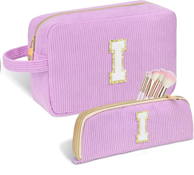 Sernaxi Personalized Initial Makeup Bag Trendy Stuff Corduroy Cosmetic Bag Travel Toiletry Bag, Valentine’s Day Gift Makeup Organizer Case & Makeup Pouch for Women teen Girls Mom Girlfriend Wife