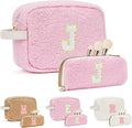 ibeacos 2PCS Makeup Bag with Initials, Valentines Day Gifts for Teen Girls Trendy Stuff, Personalized Cosmetic Travel Bag Pouch for Granddaughter, Cute Plush Make up Bags for Birthday - Pink J