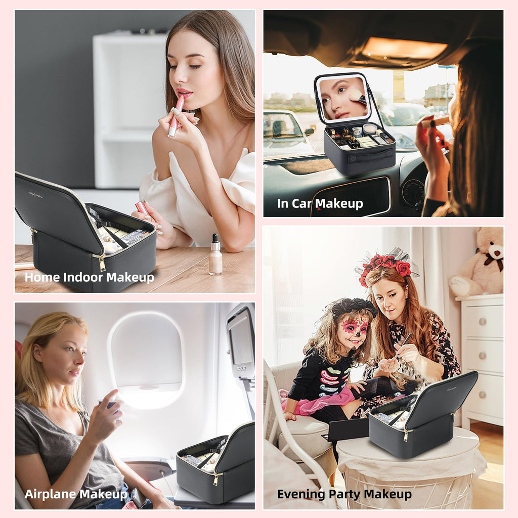 ZhenGuiRu Travel Makeup Bag with LED Mirror – Waterproof Cosmetic Train Case with Adjustable Dividers, Portable Makeup Organizer and Toiletry Bag for Women, Teens & Girls Gift, Black