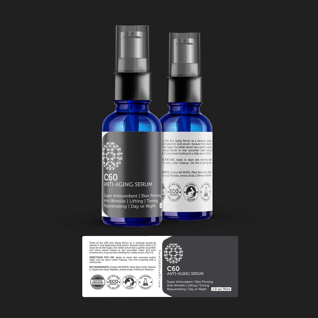 C60 Anti-Aging Face Serum 30ml with Hyaluronic Acid, Plant Stem Cells, Peptides, Vitamins B + C & Anti Aging Wrinkle Complexes for Men & Women Made with Organic Ingredients