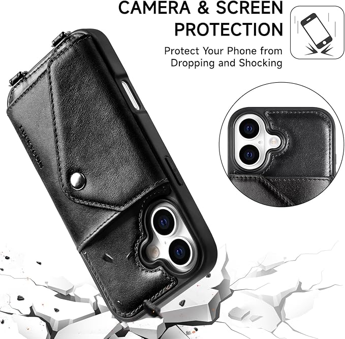LUCKYCOIN Crossbody Phone Case for iPhone 17,100% Genuine Leather Phone Wallet Case for Women, Fashion Premium Hands-Free Phone Purse with Expandable Flip Card Holder & Adjustable Strap - Retro Black