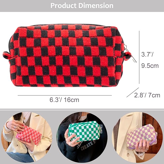 Checkered Makeup Bag for Purse, Small Travel Cosmetic Pouch,Red Black