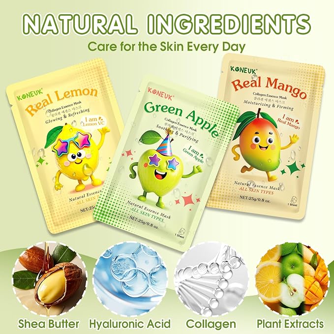 KONEUK 56 Pack Fruit Collagen Face Masks Skincare for Teens Girls