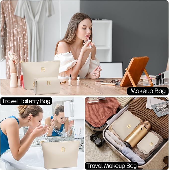 Women Gifts | Initial Makeup Bag Set for Girl Personalized Gifts for Bridesmaid Friend Graduation Teachers PU Leather Cosmetic Travel Toiletry Bag(Beige,R)