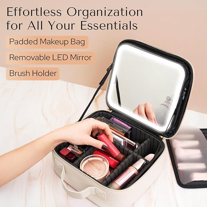 Aura In Bloom Makeup Bag with LED Mirror – Travel Cosmetic Organizer with Lighted Mirror, Adjustable Dividers & Brush Holder Storage – Portable PU Leather Makeup Case for Women & Girls - Cream