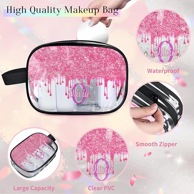 KFNHN Customized Travel Makeup Toiletry Bag, PVC Transparent Waterproof Large Cosmetic Bag Makeup Shaving Bag Organizer Case, Hot Pink Curtain Glittery