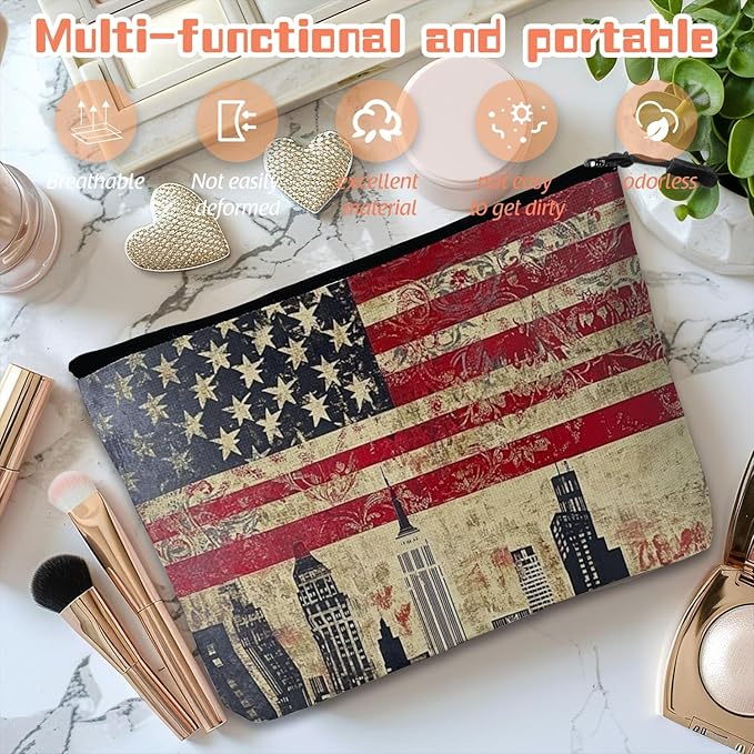 Scribesense Cosmetic Bags Travel Makeup Toilet Case Waterproof Pouch for Women Girls 6.7X9.45inches - American Flag And Urban Skyline Fusion