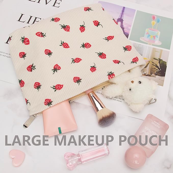 Flat Makeup Bag for Women,Zipper Cosmetic Pouch for Purse,Strawberry Beige
