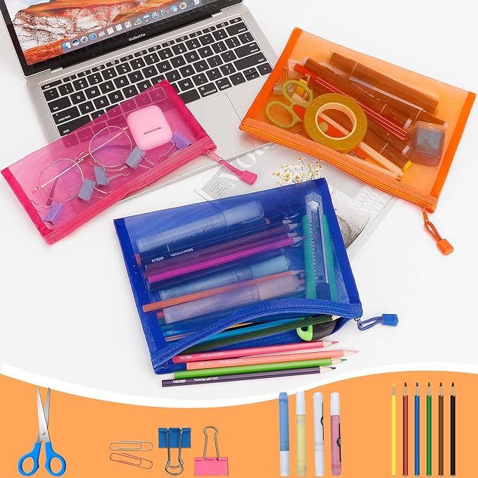 Sinzip 12 Pieces Zipper Nylon Mesh Pouch, Mesh Cosmetic Bags Makeup Bags Pencil Case, Multipurpose Travel Bags for Cosmetic School Office Supplies and Travel Accessories (Multicolored 01, A5+B6)