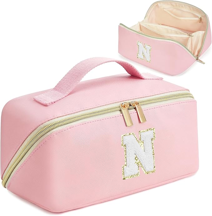 for Valentines Day Gifts, Makeup Bag for Women, PU Leather Travel Toiletry Bags, Initial Make Up Cosmetic Pouch for Teen Girls, Wide Open Portable Skincare Bag, Personalized Birthday Gifts, Pink N