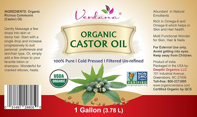 Verdana Organic Castor Oil – Cold Pressed, Bulk 1 Gallon, Professional Grade for Hair, Skin & Cosmetic Use