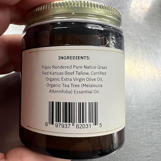 Prairie Fire Candles Grass Fed Beef Tallow Balm Grown and Made in USA - Organic Grass Fed and Finished Tallow - Moisturizing Skin Care Tea Tree 4 oz