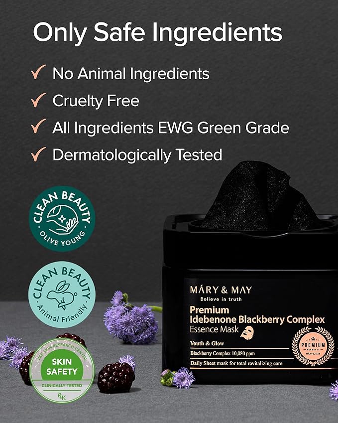 Mary&May Idebenone Blackberry Essence Mask, Bamboo Charcoal, 20 Sheets