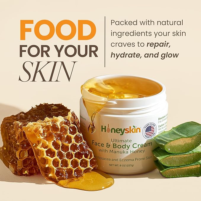 Honeyskin Ultimate Face & Body Cream with Manuka Honey MGO 514+ - Organic Hydrating Moisturizer for Extremely Dry, Sensitive Skin - Soothing Cream for Dry, Itchy & Flaky Skin 8oz