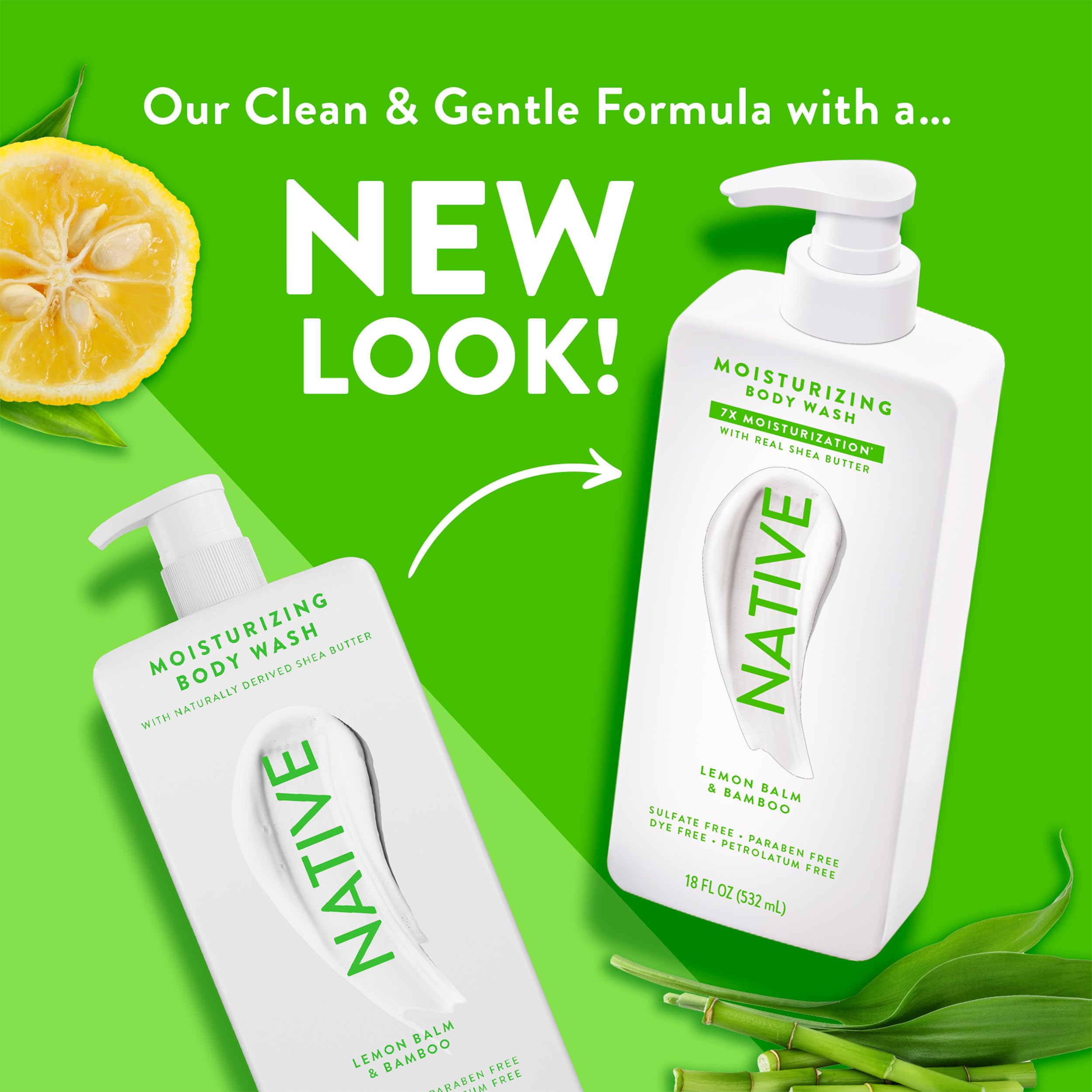 Native Moisturizing Body Wash Contains Naturally Derived Ingredients | For Women & Men, Sulfate, Paraben, & Dye Free Leaving Skin Soft and Hydrated | Lemon Balm & Bamboo 18 oz