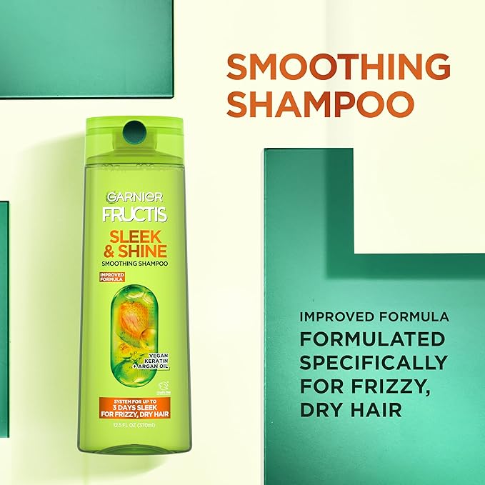 Garnier Fructis Sleek & Shine Shampoo and Conditioner Set with Anti-Frizz Serum for Frizzy Hair, Up to 72H of Frizz Control, Smooths Flyaways & Boosts Shine, 3 Items 29.6 Fl Oz (Packaging May Vary)