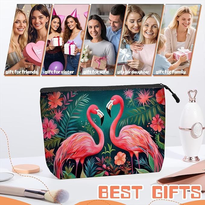 Scribesense Cosmetic Bags Travel Makeup Toilet Case Waterproof Pouch for Women Girls 6.7X9.45inches - Two Flamingos in A Tropical Floral Setting