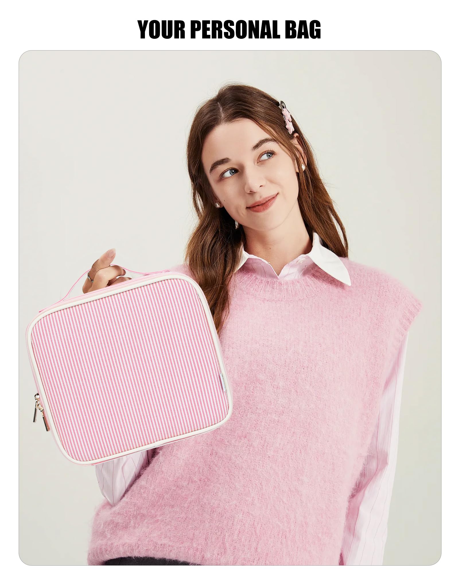 Relavel Travel Makeup Bag With LED Mirror, Portable Cosmetic Bag Organizer with Adjustable Brightness in 3 Color Scenarios, Small Cute Train Case with Detachable Dividers for Trip- Pink Strip